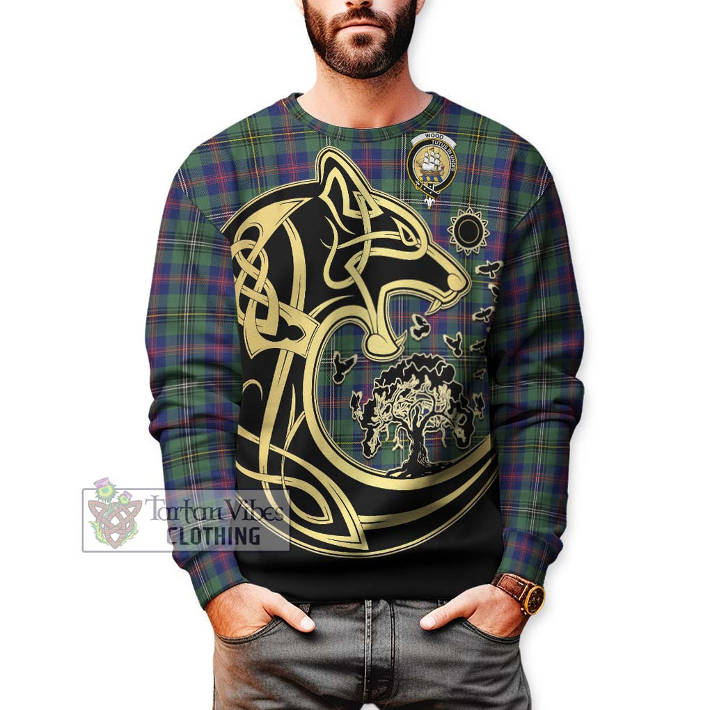 Wood Modern Tartan Sweatshirt with Family Crest Celtic Wolf Style Unisex - Tartan Vibes Clothing