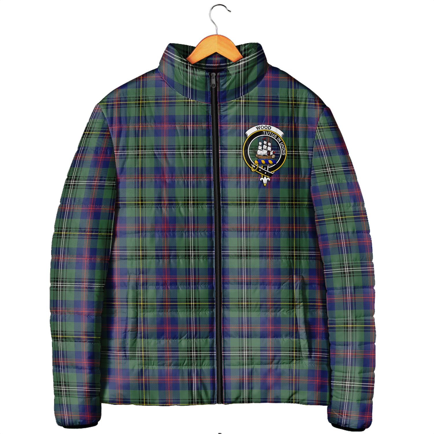 Wood Modern Tartan Padded Jacket with Family Crest Men's Padded Jacket - Tartan Vibes Clothing