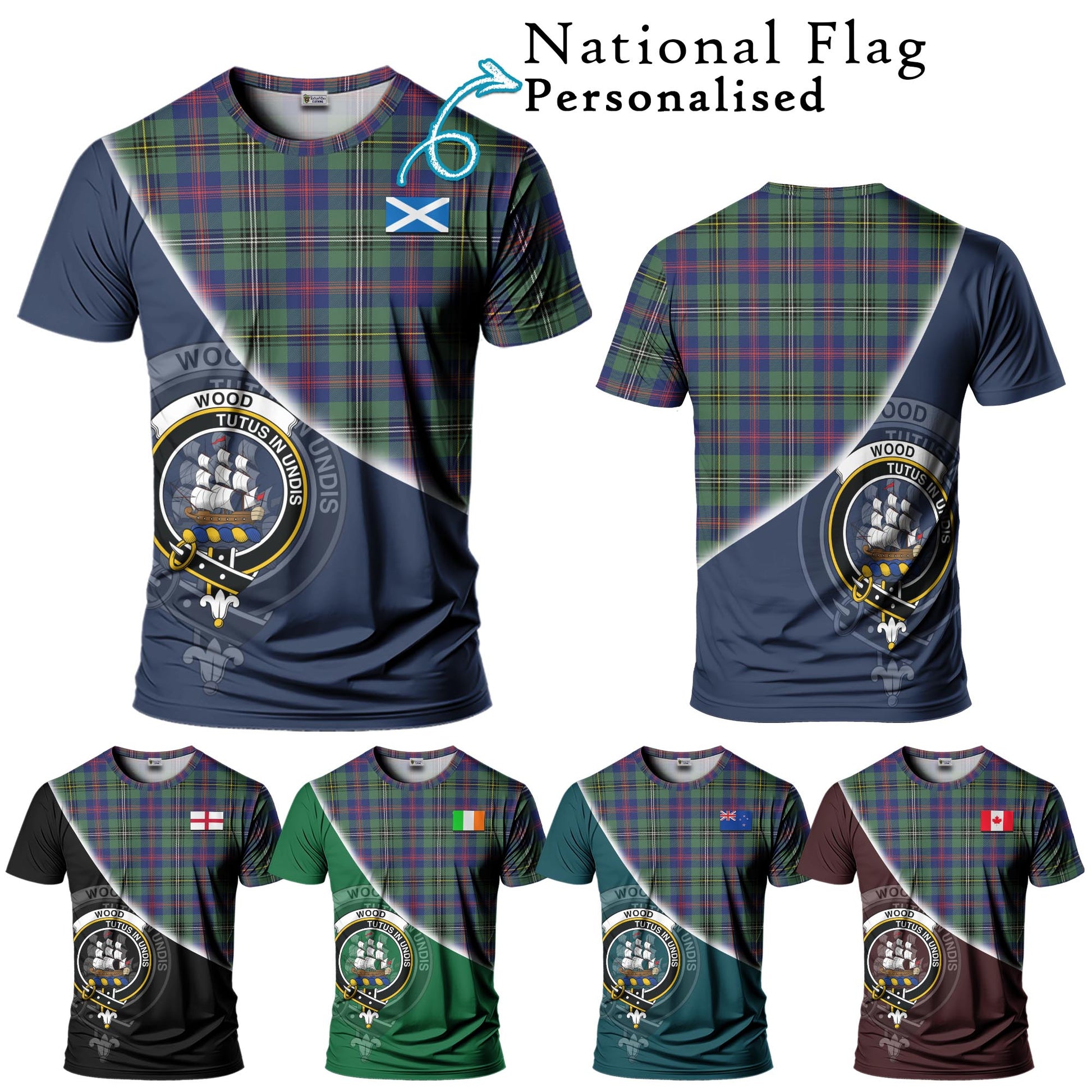 Tartan Vibes Clothing Wood Modern Tartan T-Shirt with Personalised National Flag and Family Crest Half Style