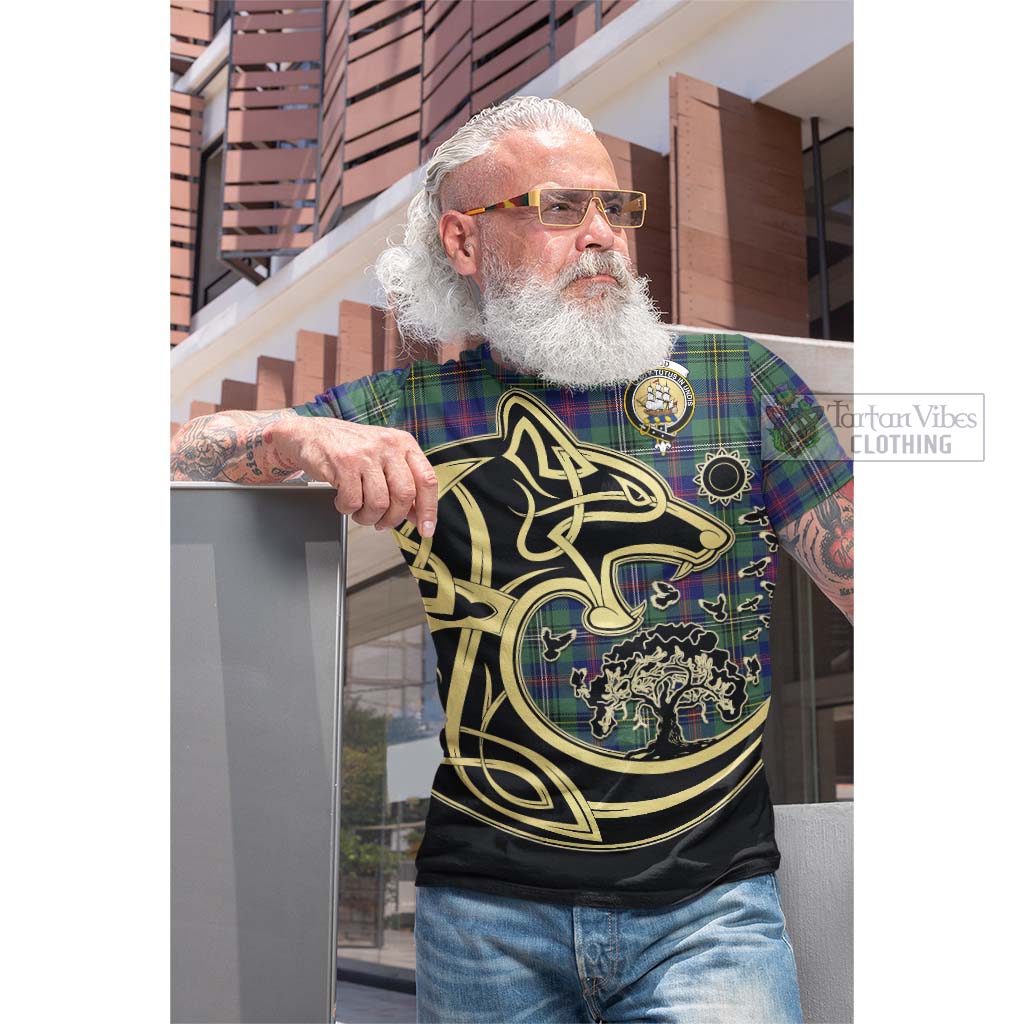 Tartan Vibes Clothing Wood Modern Tartan Cotton T-shirt with Family Crest Celtic Wolf Style