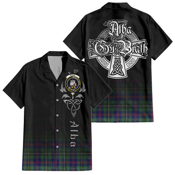 Wood Modern Tartan Short Sleeve Button Up Shirt Featuring Alba Gu Brath Family Crest Celtic Inspired