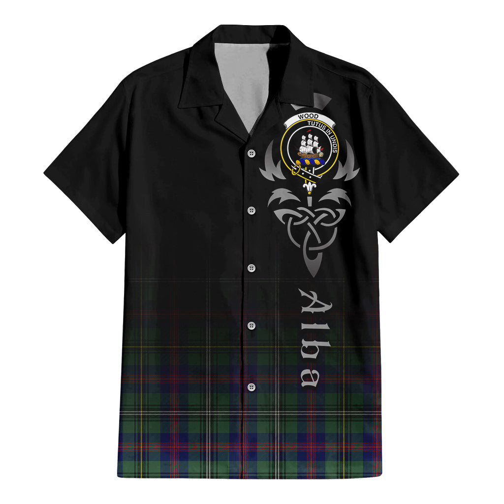 Tartan Vibes Clothing Wood Modern Tartan Short Sleeve Button Up Featuring Alba Gu Brath Family Crest Celtic Inspired