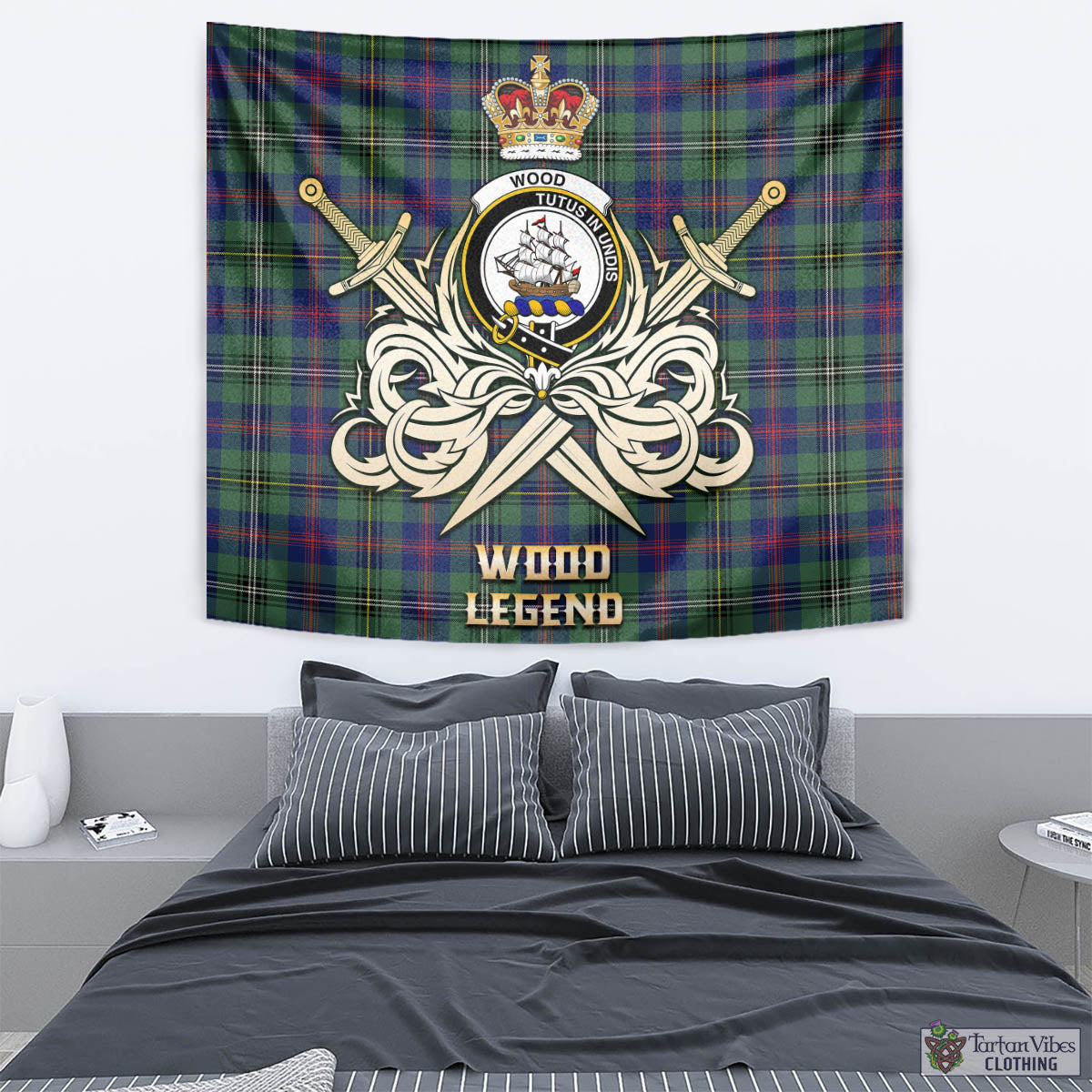 Tartan Vibes Clothing Wood Modern Tartan Tapestry with Clan Crest and the Golden Sword of Courageous Legacy