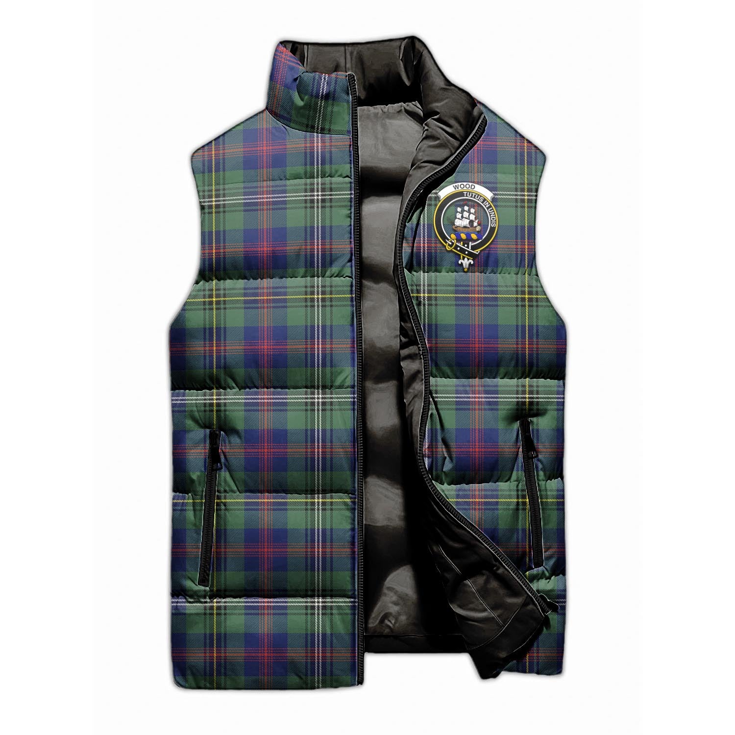 Wood Modern Tartan Sleeveless Puffer Jacket with Family Crest - Tartanvibesclothing