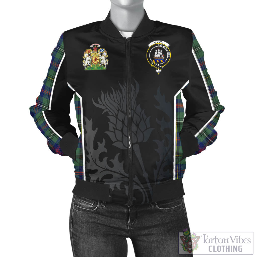 Tartan Vibes Clothing Wood Modern Tartan Bomber Jacket with Family Crest and Scottish Thistle Vibes Sport Style