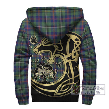 Wood Modern Tartan Sherpa Hoodie with Family Crest Celtic Wolf Style