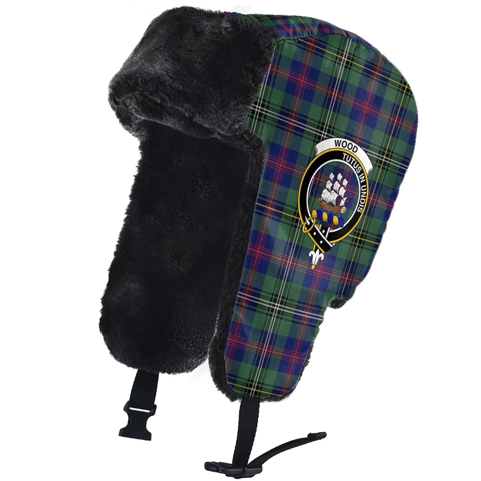 Wood Modern Tartan Winter Trapper Hat with Family Crest - Tartanvibesclothing