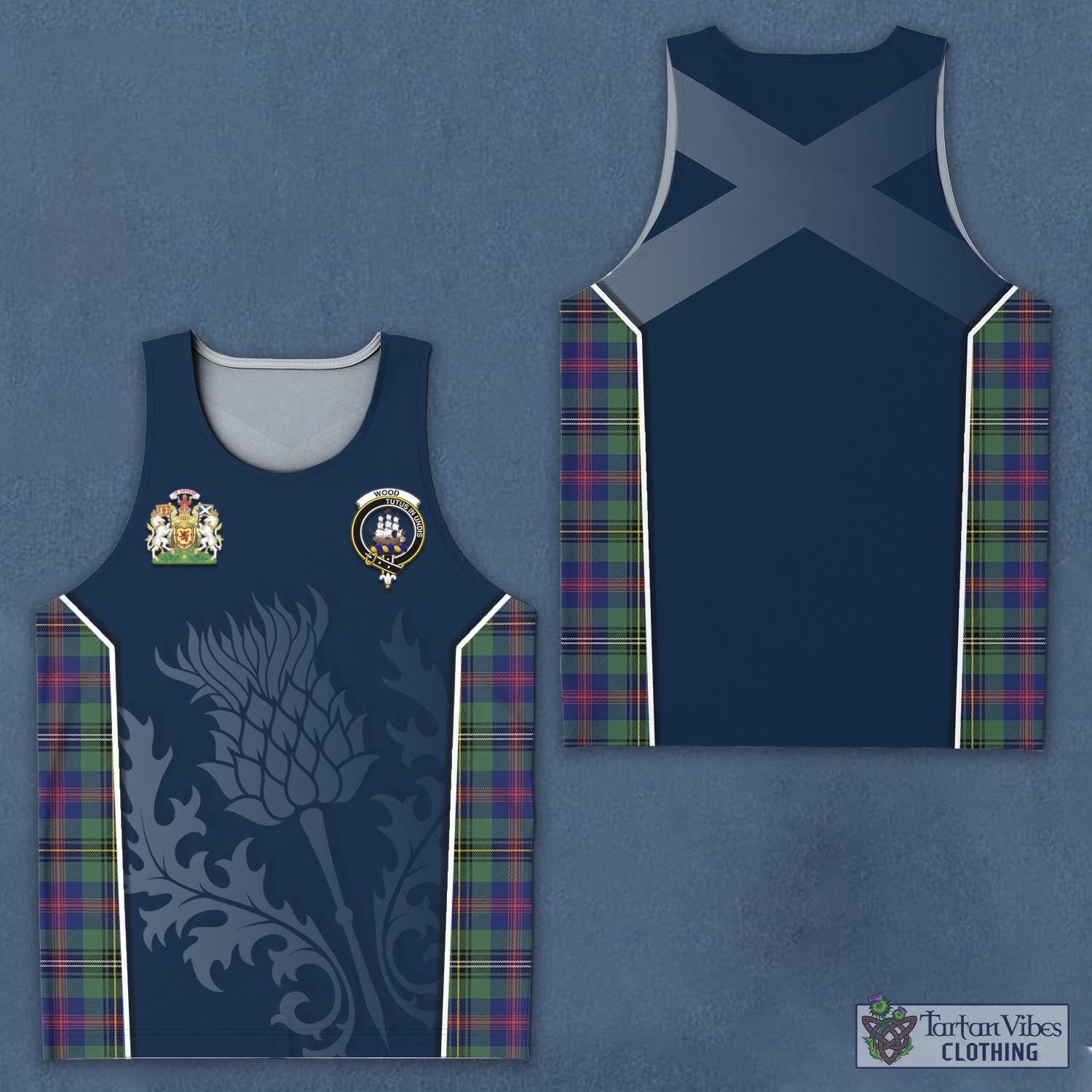 Tartan Vibes Clothing Wood Modern Tartan Men's Tanks Top with Family Crest and Scottish Thistle Vibes Sport Style