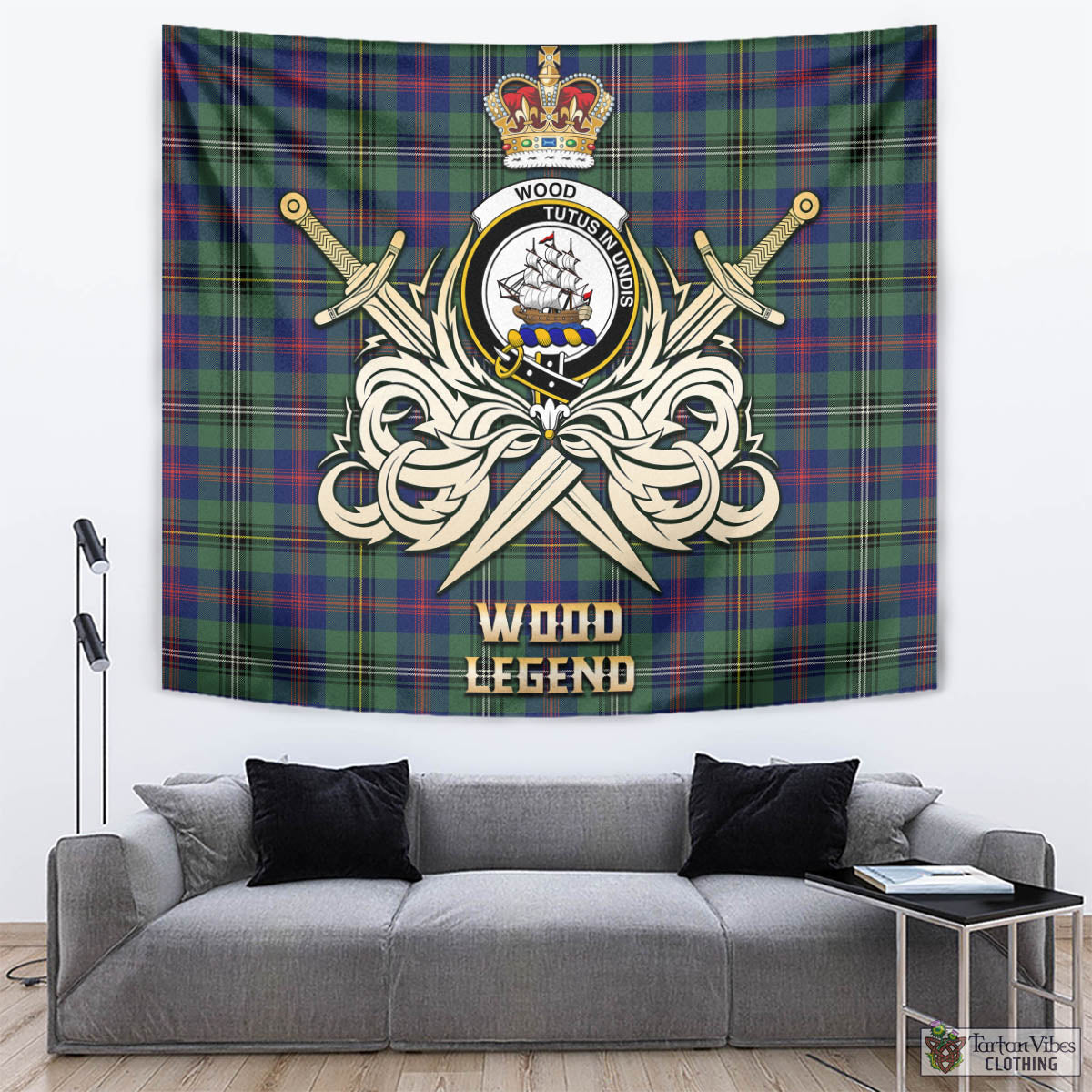 Tartan Vibes Clothing Wood Modern Tartan Tapestry with Clan Crest and the Golden Sword of Courageous Legacy