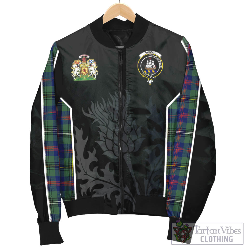 Tartan Vibes Clothing Wood Modern Tartan Bomber Jacket with Family Crest and Scottish Thistle Vibes Sport Style