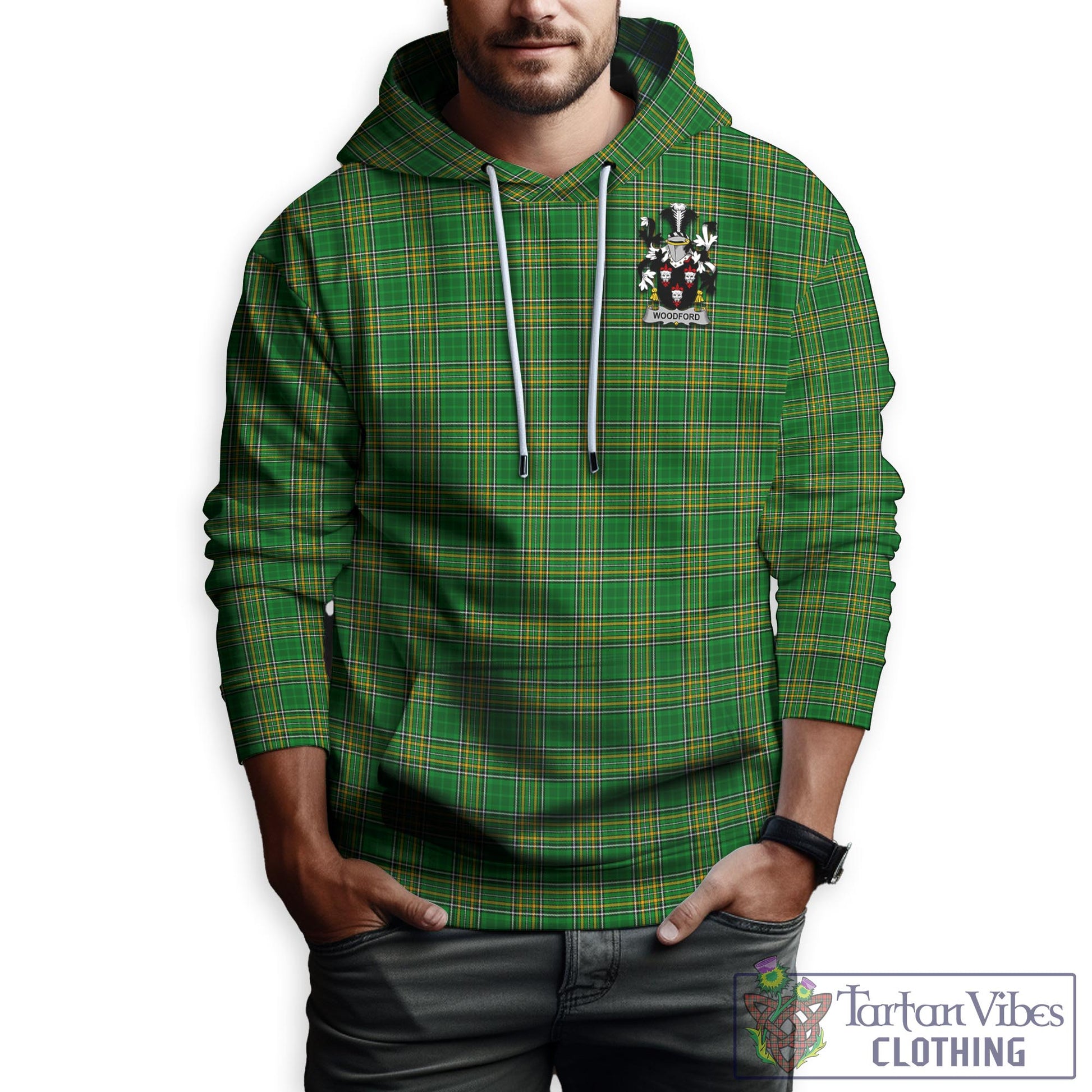 Tartan Vibes Clothing Woodford Ireland Clan Tartan Hoodie with Coat of Arms