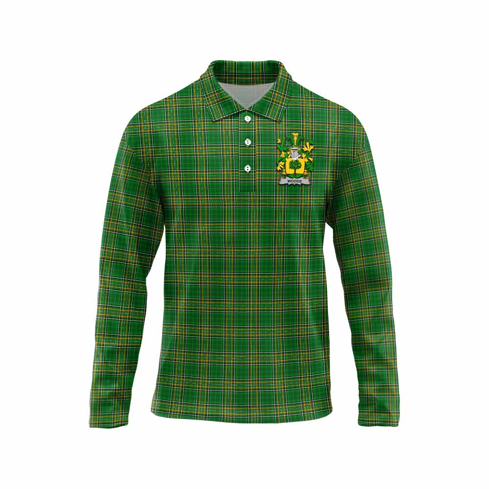 Tartan Vibes Clothing Woods Irish Clan Tartan Long Sleeve Polo Shirt with Coat of Arms