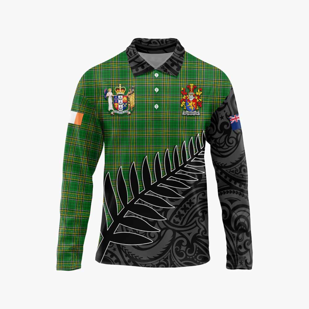 Tartan Vibes Clothing Wormington Irish Clan Tartan Long Sleeve Polo Shirt with Coat of Arms New Zealand Silver Fern Half Style