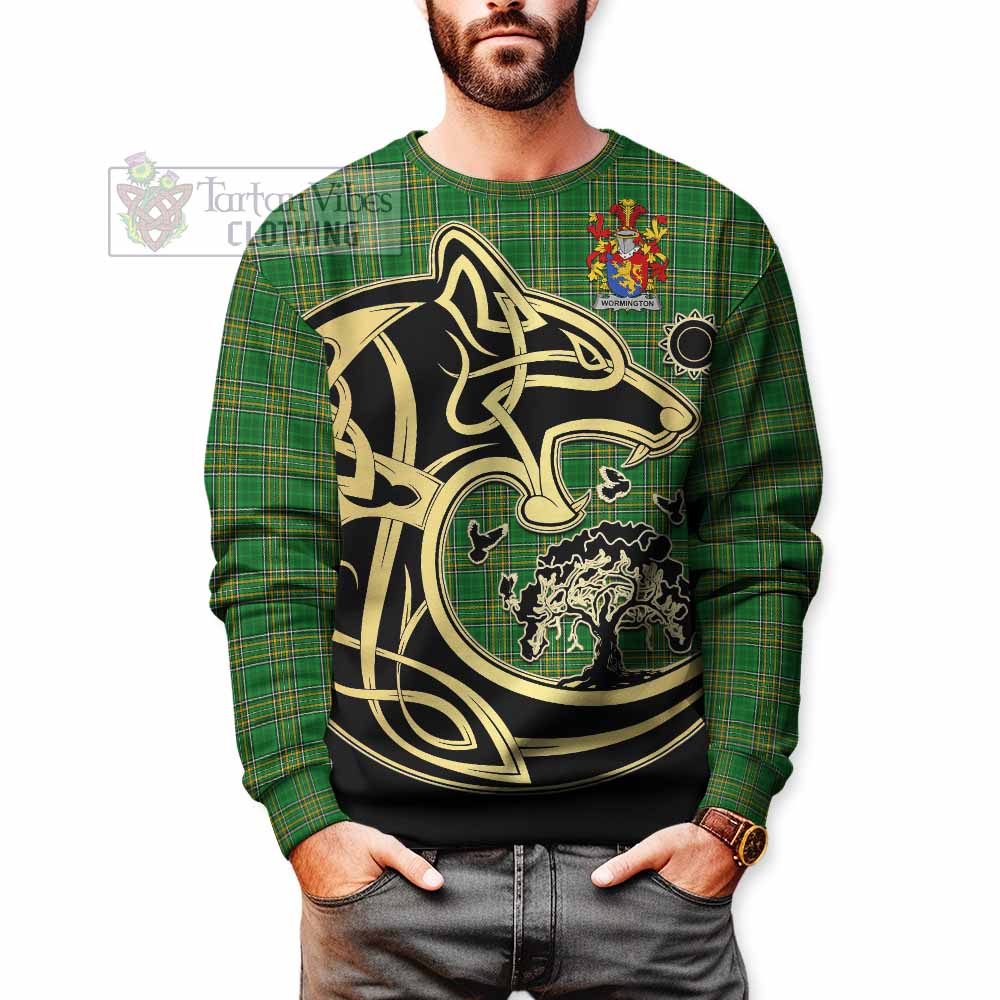 Tartan Vibes Clothing Wormington Irish Tartan Sweatshirt with Coat of Arms Celtic Wolf Style