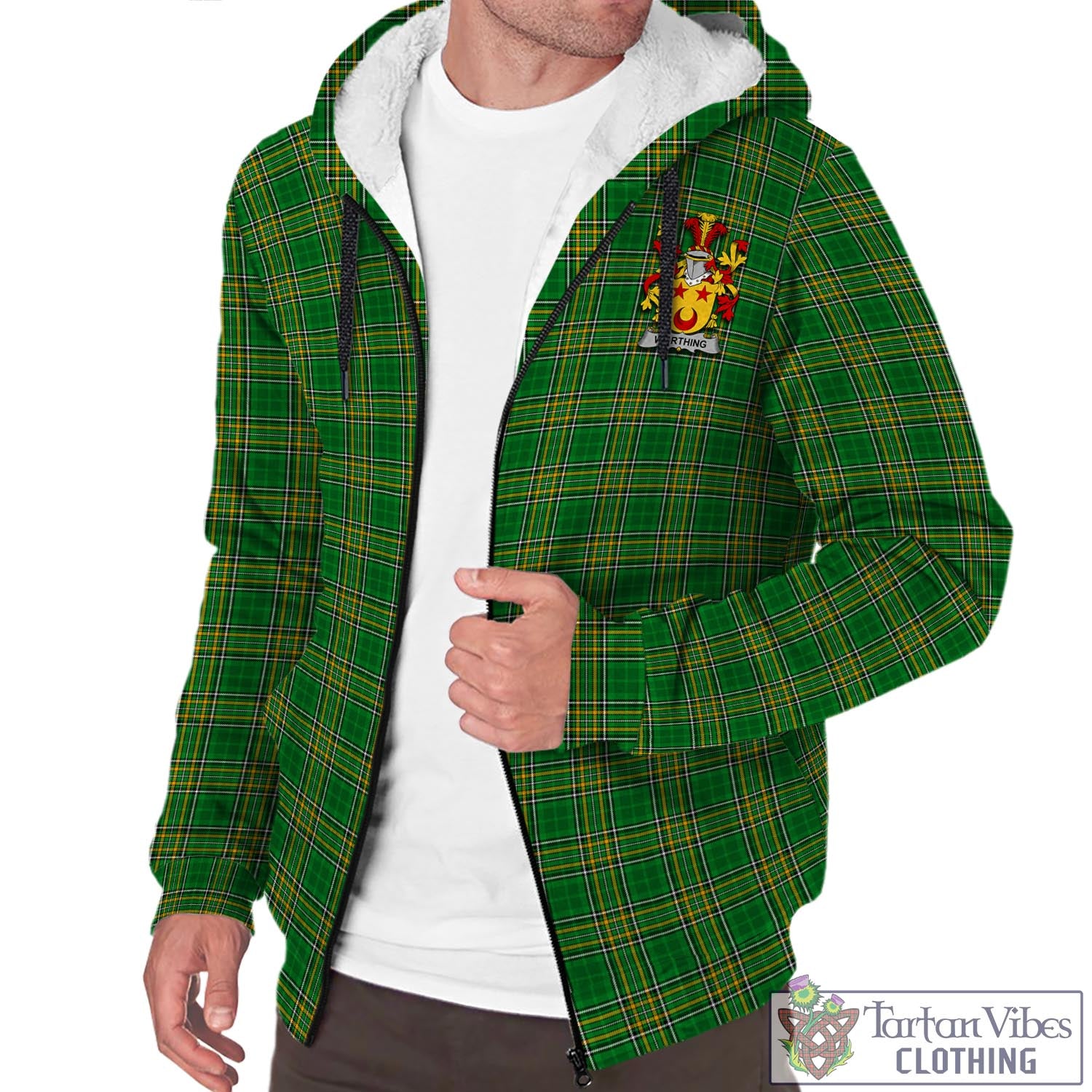 Tartan Vibes Clothing Worthing Ireland Clan Tartan Sherpa Hoodie with Coat of Arms