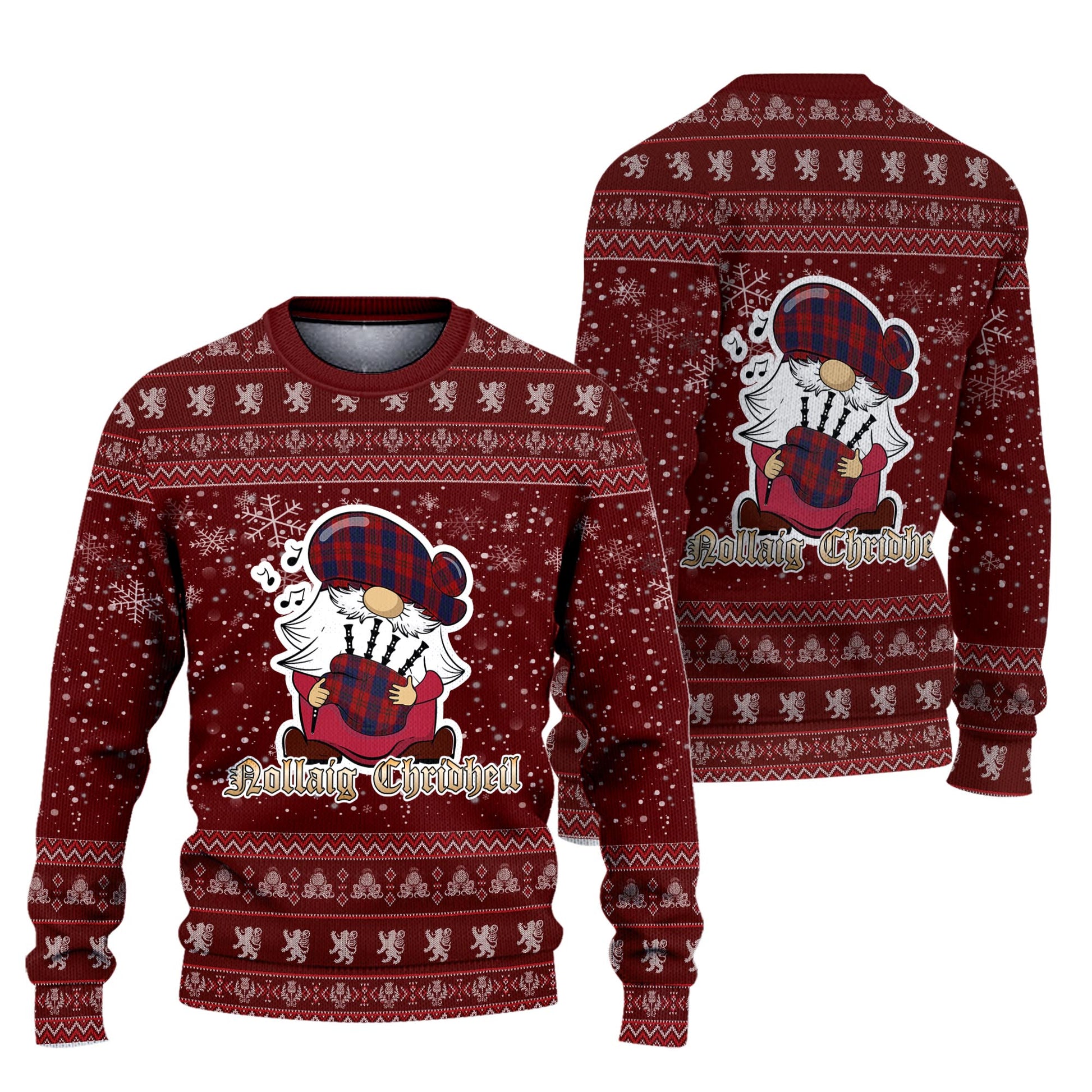 Wotherspoon Clan Christmas Family Knitted Sweater with Funny Gnome Playing Bagpipes Unisex Red - Tartanvibesclothing