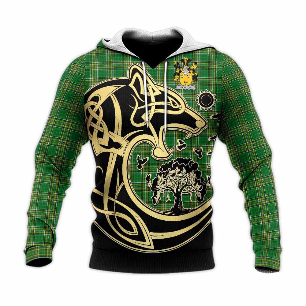 Tartan Vibes Clothing Wotton Irish Tartan Knitted Hoodie with Coat of Arms Celtic Wolf Style