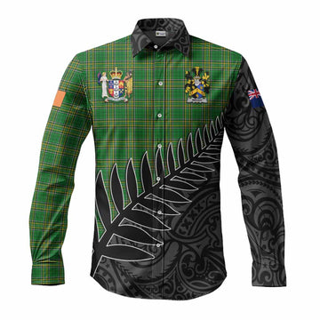 Wright Irish Clan Tartan Long Sleeve Button Shirt with Coat of Arms New Zealand Silver Fern Half Style Men's Shirt S - Tartan Vibes Clothing