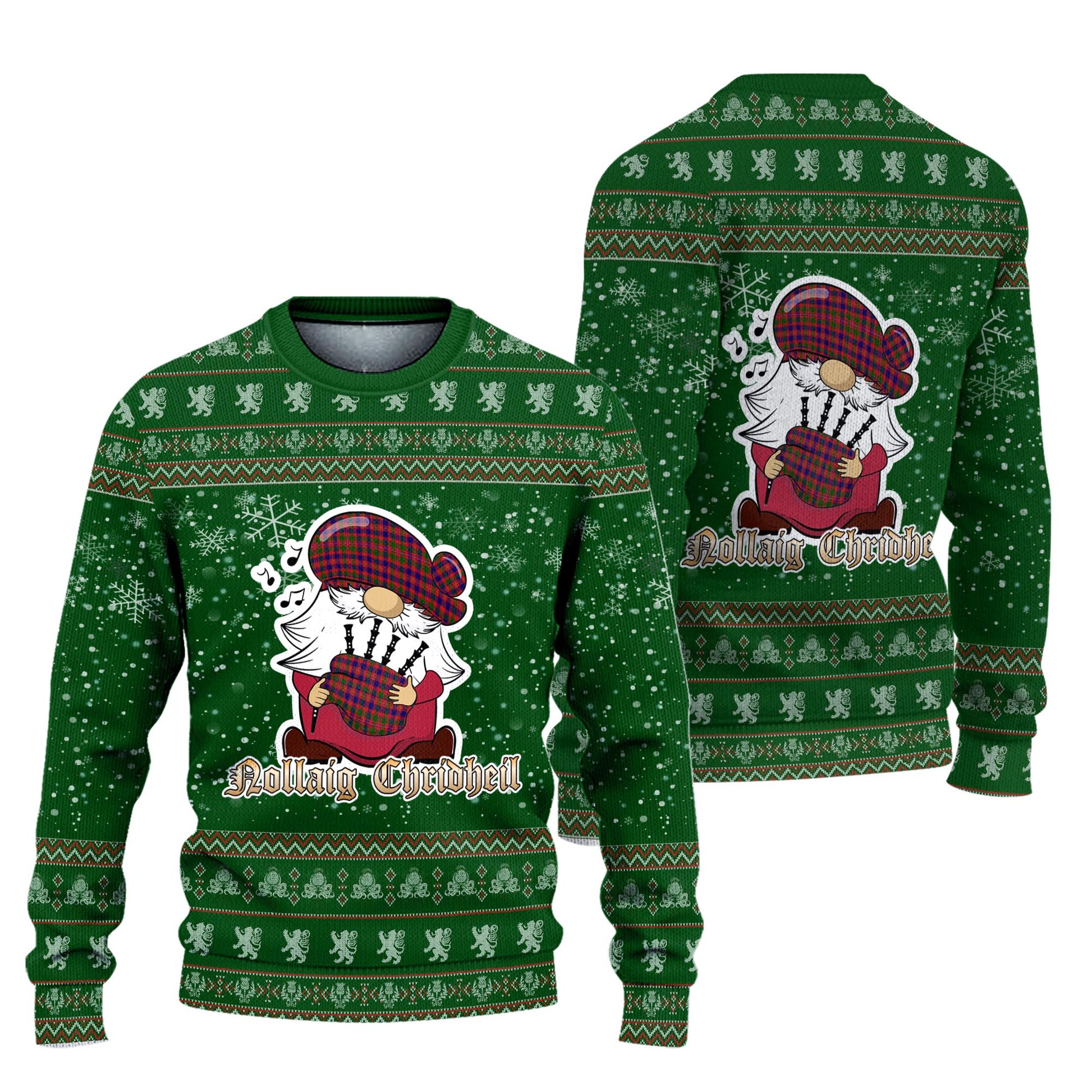 Wright Clan Christmas Family Knitted Sweater with Funny Gnome Playing Bagpipes Unisex Green - Tartanvibesclothing