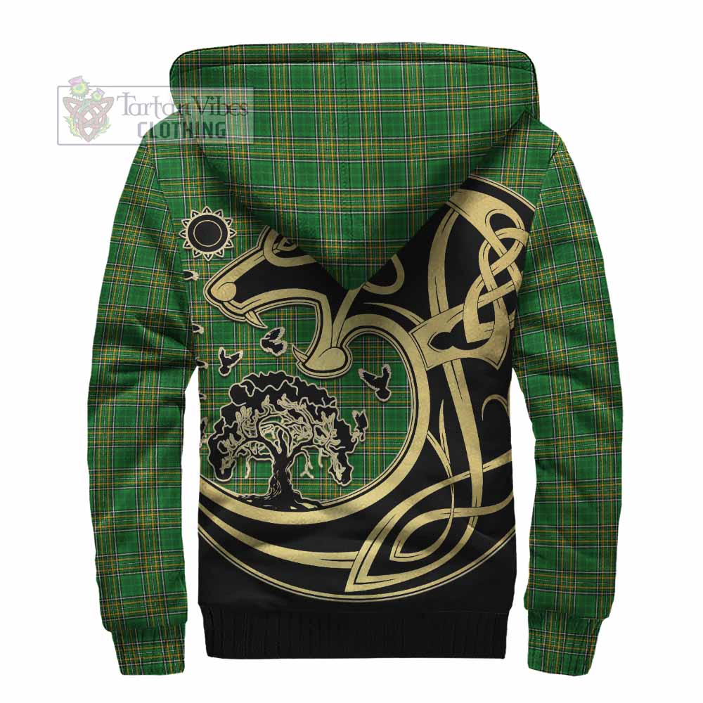 Tartan Vibes Clothing Yeates Irish Tartan Sherpa Hoodie with Coat of Arms Celtic Wolf Style