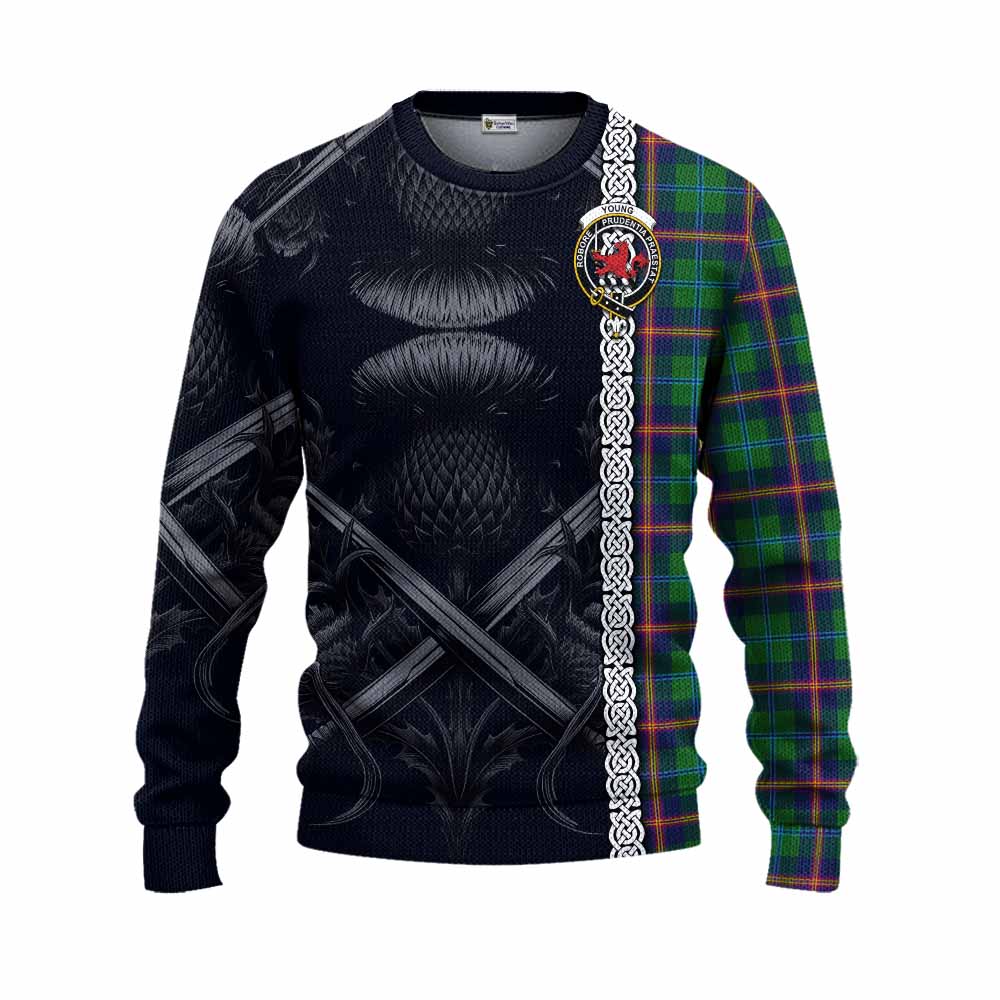 Young Tartan Knitted Sweater with Family Crest Cross Sword Thistle Celtic Vibes Unisex - Tartan Vibes Clothing