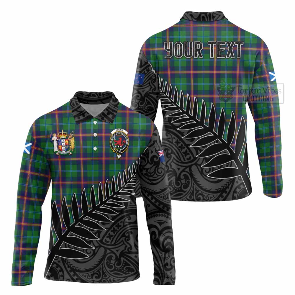 Tartan Vibes Clothing Young Crest Tartan Long Sleeve Polo Shirt with New Zealand Silver Fern Half Style