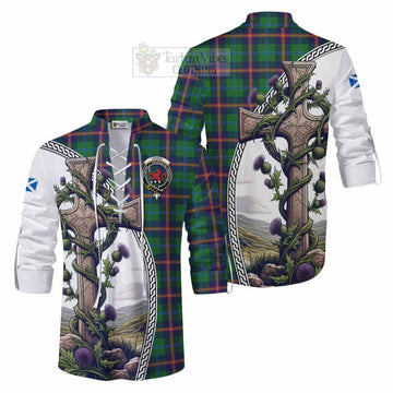 Young Tartan Ghillie Kilt Shirt with Family Crest and St. Andrew's Cross Accented by Thistle Vines