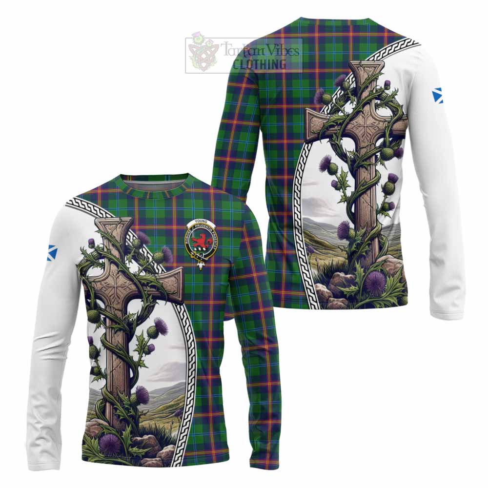 Tartan Vibes Clothing Young Tartan Long Sleeve T-Shirt with Family Crest and St. Andrew's Cross Accented by Thistle Vines