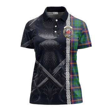 Young Tartan Women's Polo Shirt with Family Crest Cross Sword Thistle Celtic Vibes