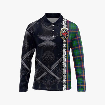 Young Tartan Long Sleeve Polo Shirt with Family Crest Cross Sword Thistle Celtic Vibes