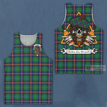 Young Tartan Men's Tank Top with Family Crest and Bearded Skull Holding Bottles of Whiskey