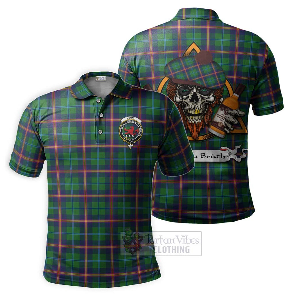 Tartan Vibes Clothing Young Tartan Polo Shirt with Family Crest and Bearded Skull Holding Bottles of Whiskey