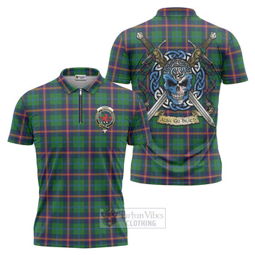 Young Tartan Zipper Polo Shirt with Family Crest Celtic Skull Style