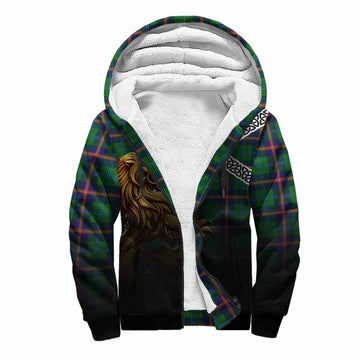 Young Crest Tartan Sherpa Hoodie with Golden Lion Emblem Celtic Style Unisex S - Tartan Vibes Clothing