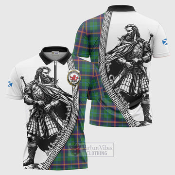 Young Tartan Clan Crest Zipper Polo Shirt with Highlander Warrior Celtic Style