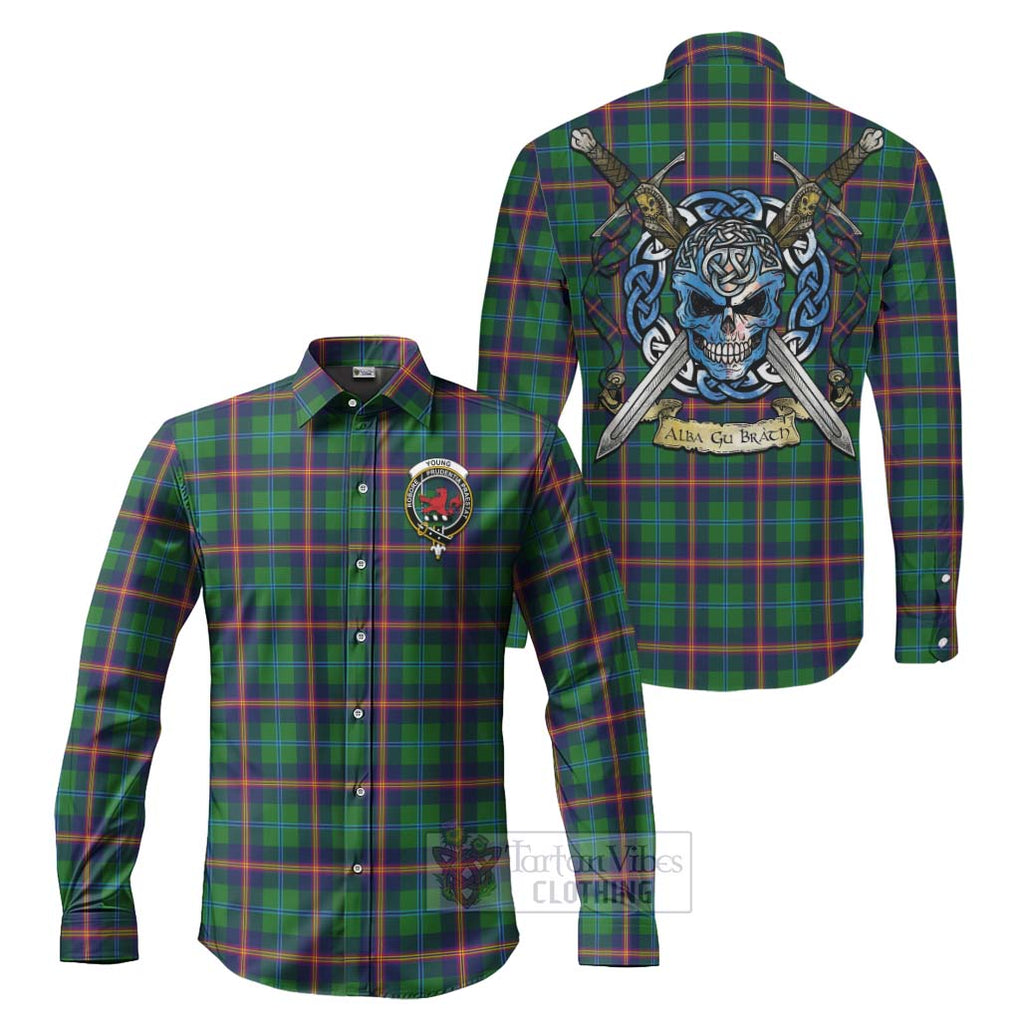 Tartan Vibes Clothing Young Tartan Long Sleeve Button Shirt with Family Crest Celtic Skull Style