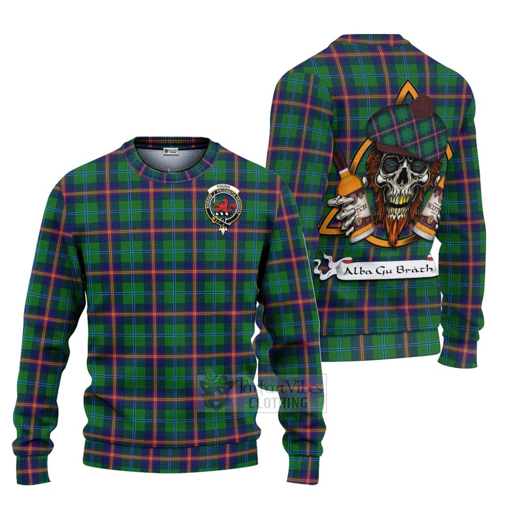 Tartan Vibes Clothing Young Tartan Knitted Sweater with Family Crest and Bearded Skull Holding Bottles of Whiskey