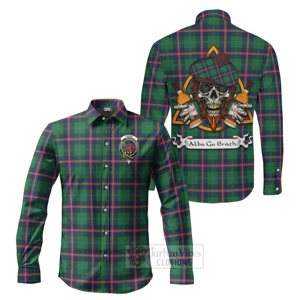 Tartan Vibes Clothing Young Tartan Long Sleeve Button Shirt with Family Crest and Bearded Skull Holding Bottles of Whiskey