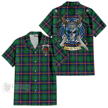 Young Tartan Short Sleeve Button Shirt with Family Crest Celtic Skull Style