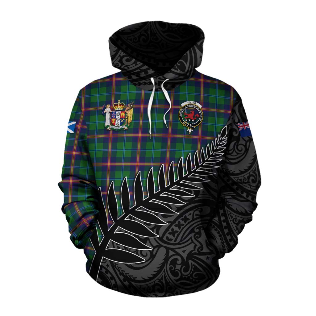 Tartan Vibes Clothing Young Crest Tartan Cotton Hoodie with New Zealand Silver Fern Half Style