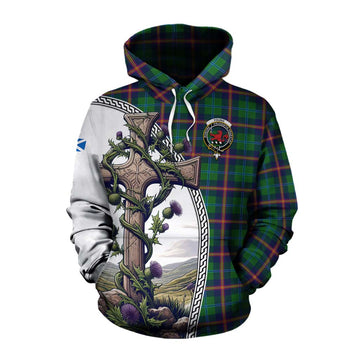 Young Tartan Cotton Hoodie with Family Crest and St. Andrew's Cross Accented by Thistle Vines Pullover Hoodie XS - Tartan Vibes Clothing