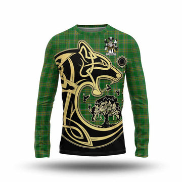 Young Irish Tartan Long Sleeve T-Shirt with Coat of Arms Celtic Wolf Style