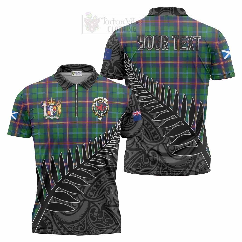 Tartan Vibes Clothing Young Crest Tartan Zipper Polo Shirt with New Zealand Silver Fern Half Style