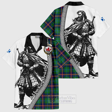 Young Tartan Clan Crest Short Sleeve Button Shirt with Highlander Warrior Celtic Style