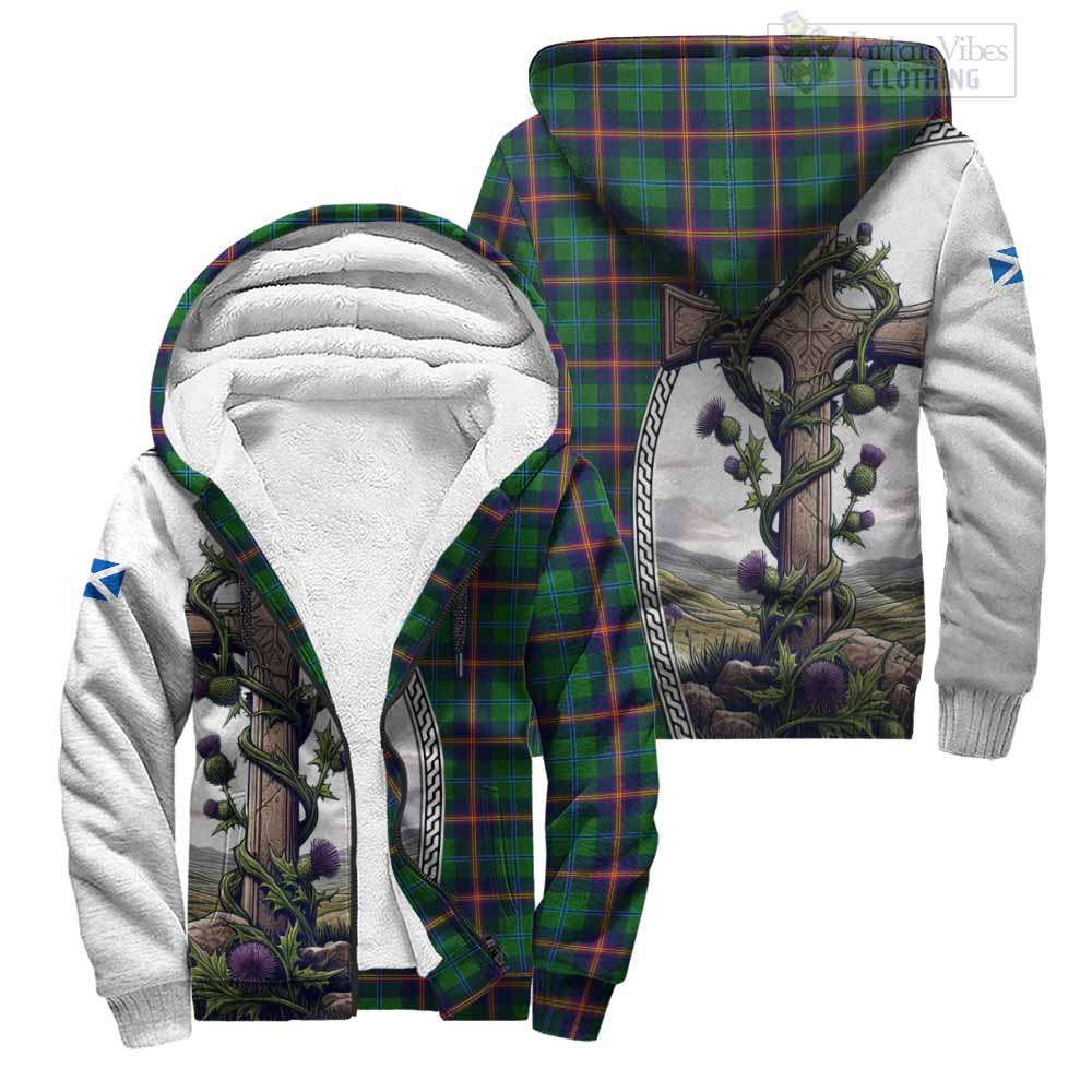 Tartan Vibes Clothing Young Tartan Sherpa Hoodie with Family Crest and St. Andrew's Cross Accented by Thistle Vines