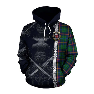 Young Tartan Cotton Hoodie with Family Crest Cross Sword Thistle Celtic Vibes