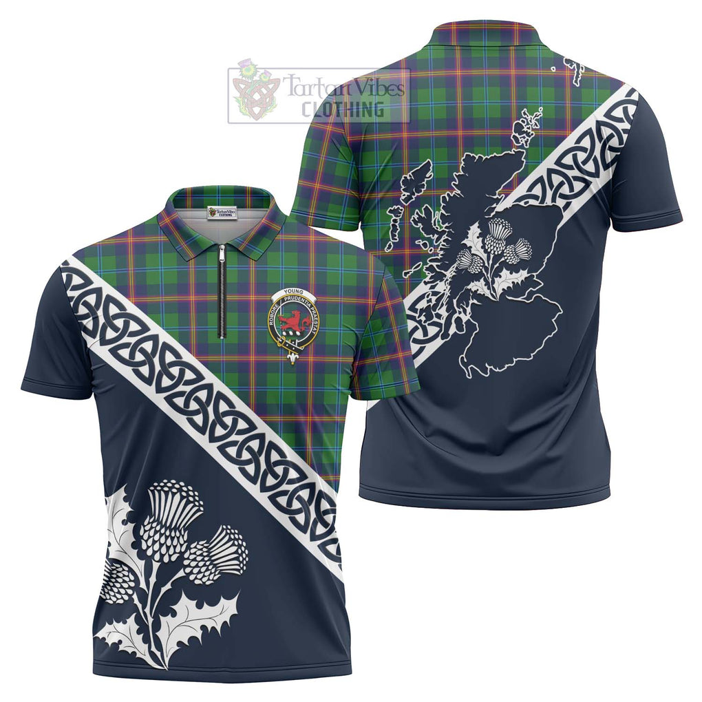 Tartan Vibes Clothing Young Tartan Zipper Polo Shirt Featuring Thistle and Scotland Map