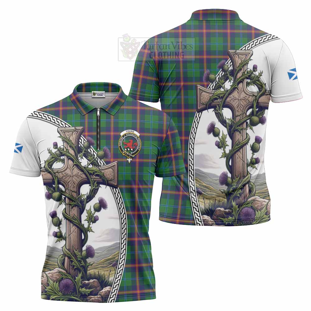 Tartan Vibes Clothing Young Tartan Zipper Polo Shirt with Family Crest and St. Andrew's Cross Accented by Thistle Vines