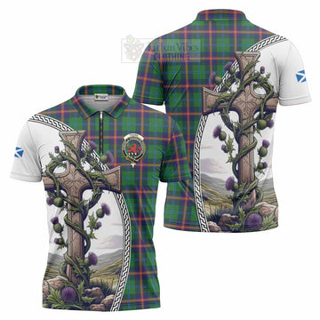 Young Tartan Zipper Polo Shirt with Family Crest and St. Andrew's Cross Accented by Thistle Vines