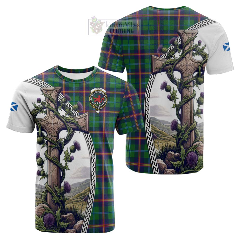 Tartan Vibes Clothing Young Tartan Cotton T-shirt with Family Crest and St. Andrew's Cross Accented by Thistle Vines